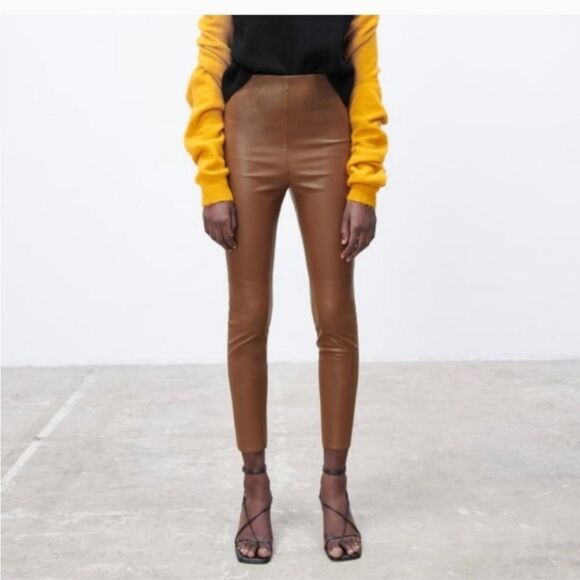 ZARA Brown High-Rise Faux Leather Pants Size L - Picture 5 of 10